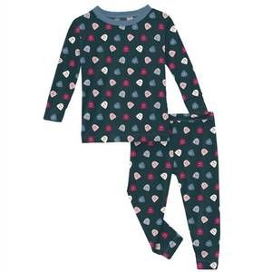 NEW KICKEE kids' bamboo print long sleeve pajama set in pine happy gumdrops